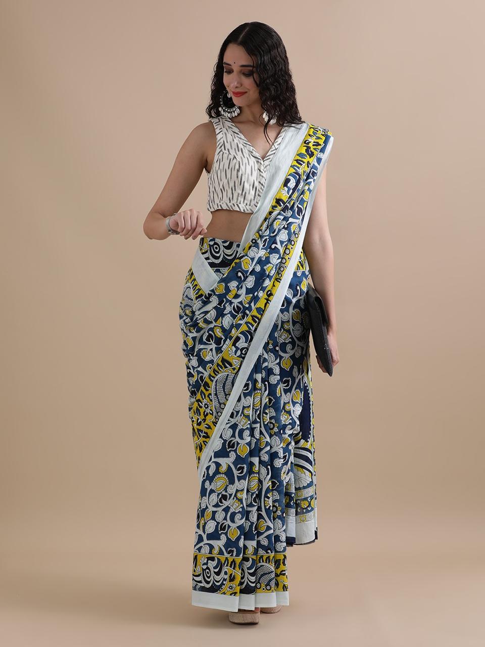 Cotton mulmul handblock printed saree wholesale in blue floral print